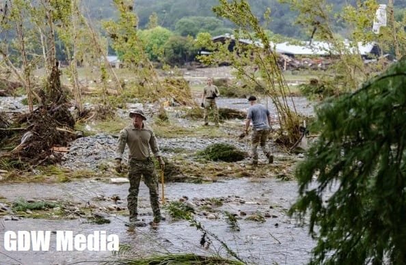 Rescue teams search the Guadalupe River near Camp Mystic after deadly Texas floods in July 2025